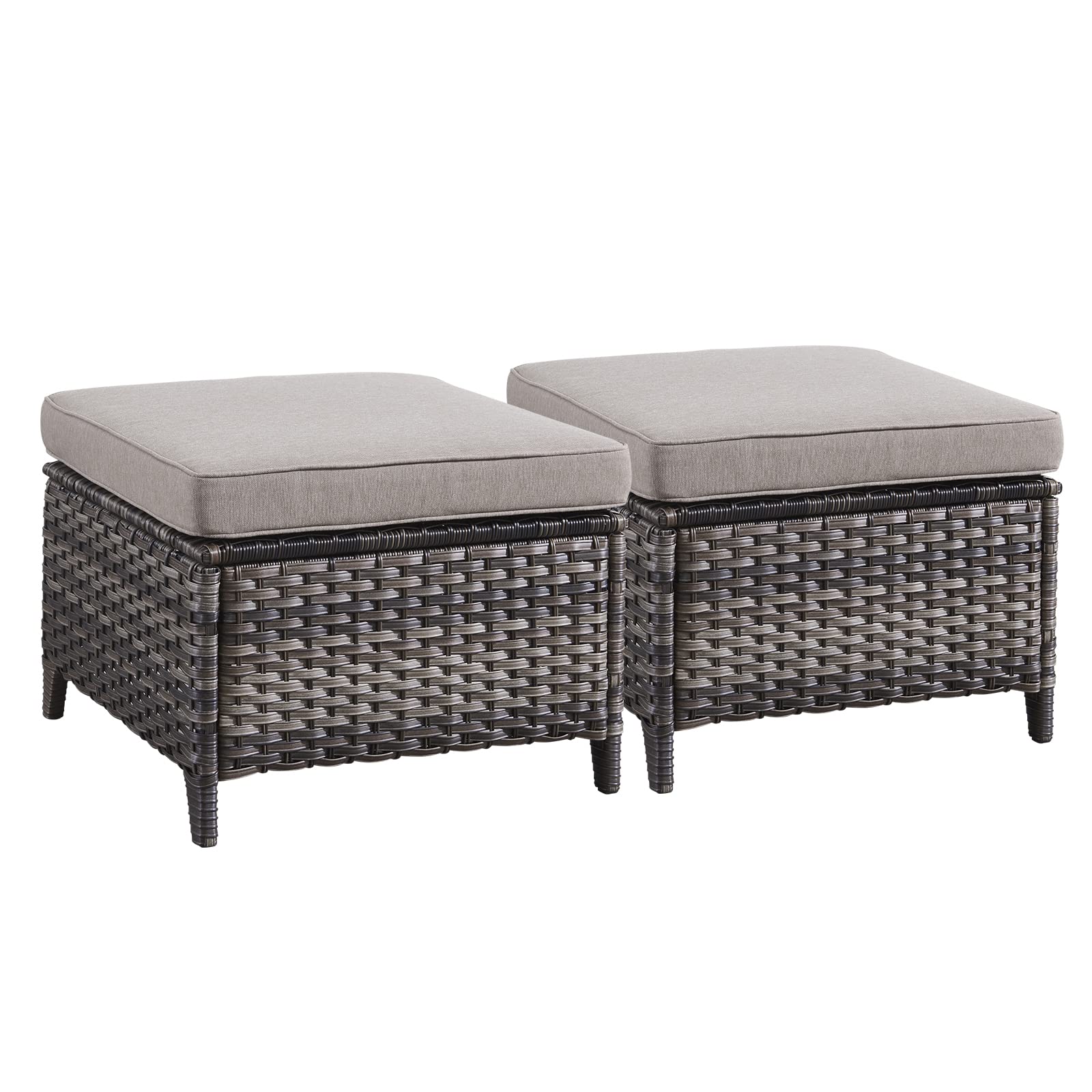 2-Piece Outdoor Wicker Ottoman Set with Thick Cushions - Rattan Patio Footrest & Footstool in Mixed Grey - Perfect for Garden, Poolside & Backyard Relaxation