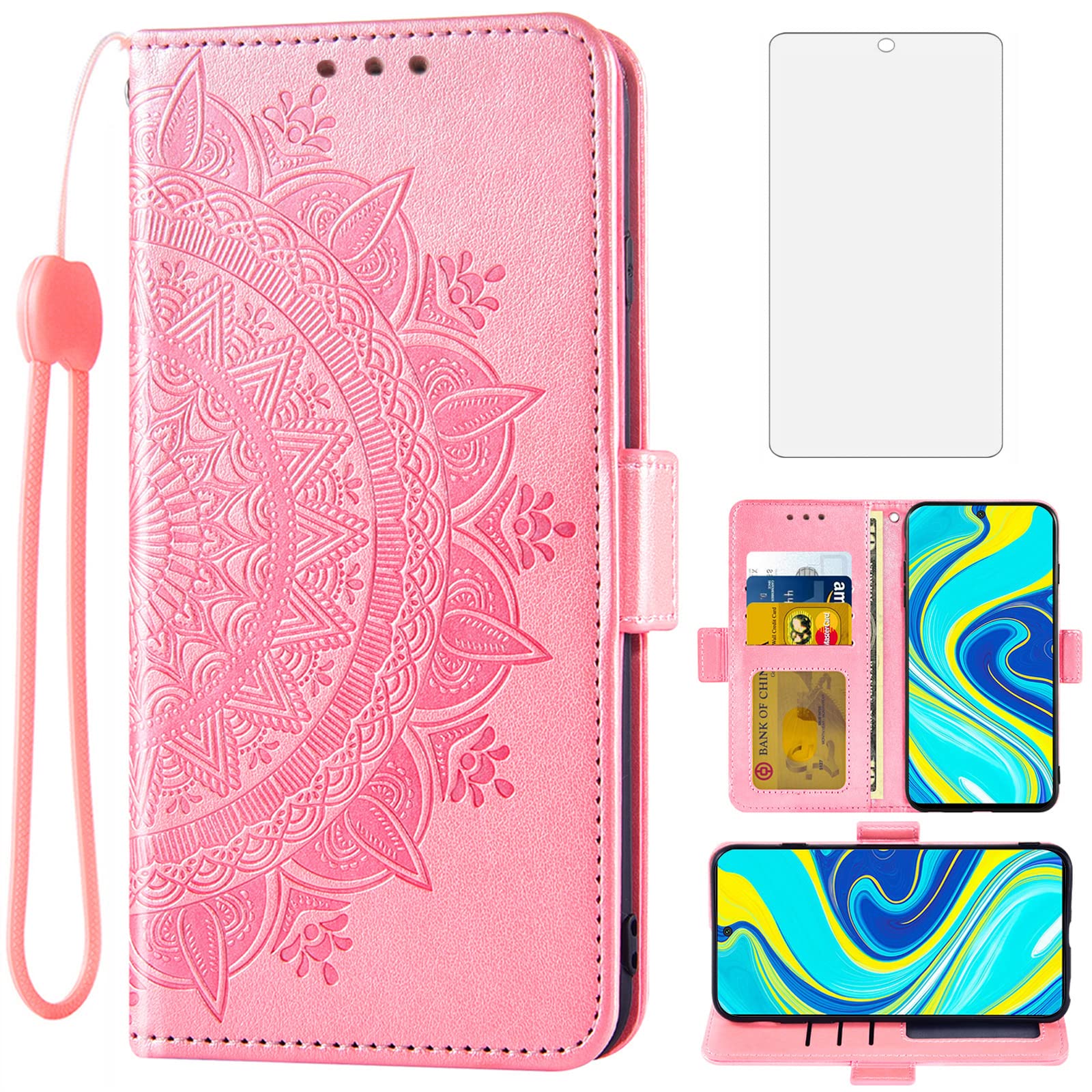 ASUWISH Wallet Case with Tempered Glass Screen Protector & Wrist Strap - Compatible with Xiaomi Redmi Note 9 Pro/9S/9 Pro Max/Poco M2 Pro (Rose Gold) - Perfect for Daily Protection & Convenient Card Storage
