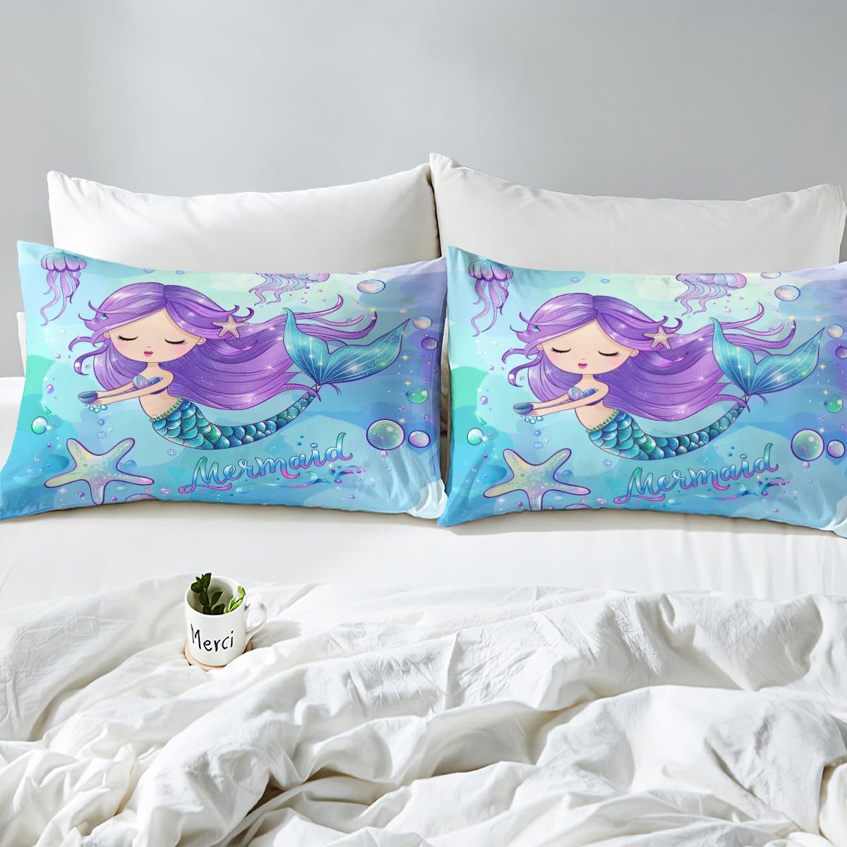 Erosebridal Queen Size Mermaid Bed Sheet Set - 4 Piece Ocean Themed Tie Dye Sheets with Starfish & Jellyfish Print, Includes Fitted Sheet, Flat Sheet & 2 Pillowcases (Blue Purple) - Perfect for Kids Rooms, Beach Themed Decor & Mermaid Lovers