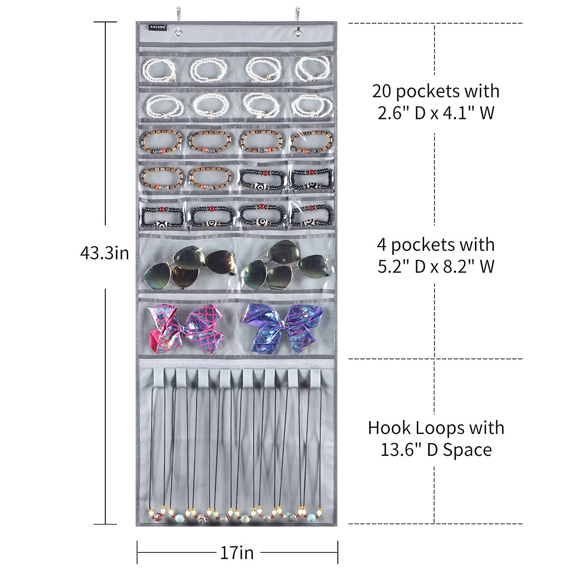 Over The Door Hanging Jewelry Organizer - Wall Mounted Earring Holder with 24 Clear Pockets & 8 Hook Loops for Necklace, Bracelet, Ring Storage - Perfect for Bedroom, Closet & Travel Organization (Grey)