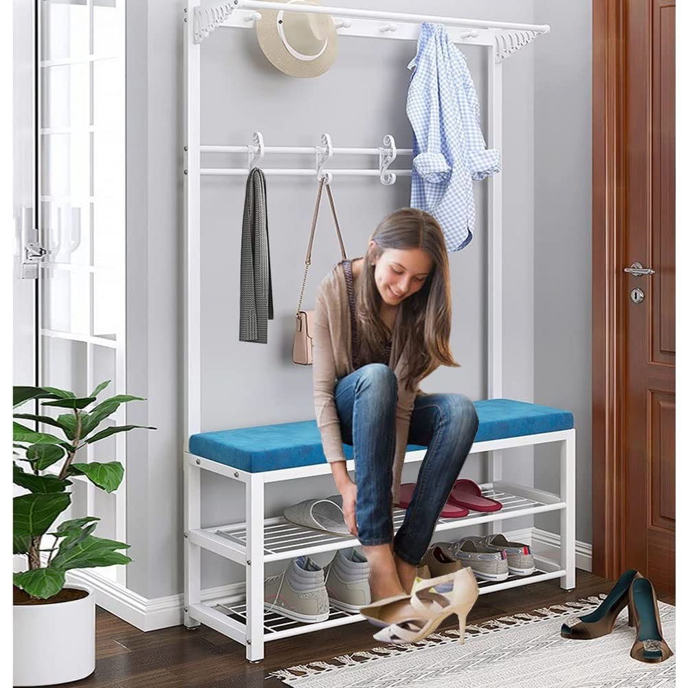 3-Tier Shoe Rack with Coat Hanger & Bench - Hallway Entryway Organizer with 10 Hooks & Shelves - Sturdy Metal Frame for Shoes, Coats & Accessories - Perfect for Small Spaces, Apartments & Mudrooms