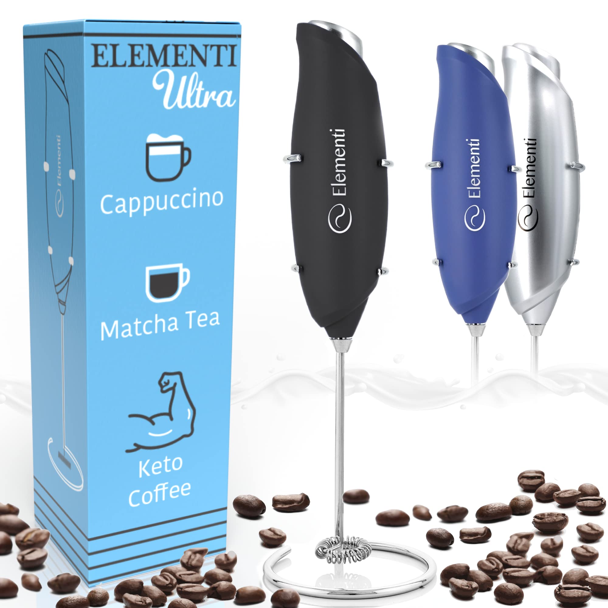 Electric Milk Frother with Stand - Handheld Coffee Frother & Drink Mixer - Cold Foam Maker & Stirring Wand for Lattes, Cappuccinos, Hot Chocolate - Perfect for Home, Office & Coffee Shops (Black)