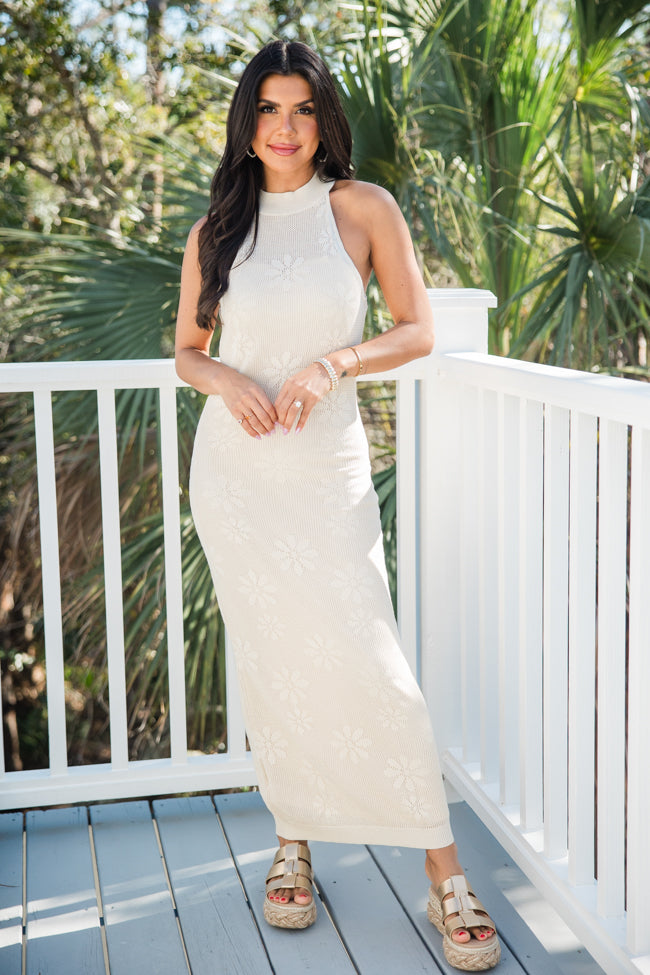 Elegant Halter Neck Crochet Midi Dress for Women - Floral Summer Beach Dress, Boho Chic Wedding Guest Outfit - Perfect for Vacations, Parties & Date Nights