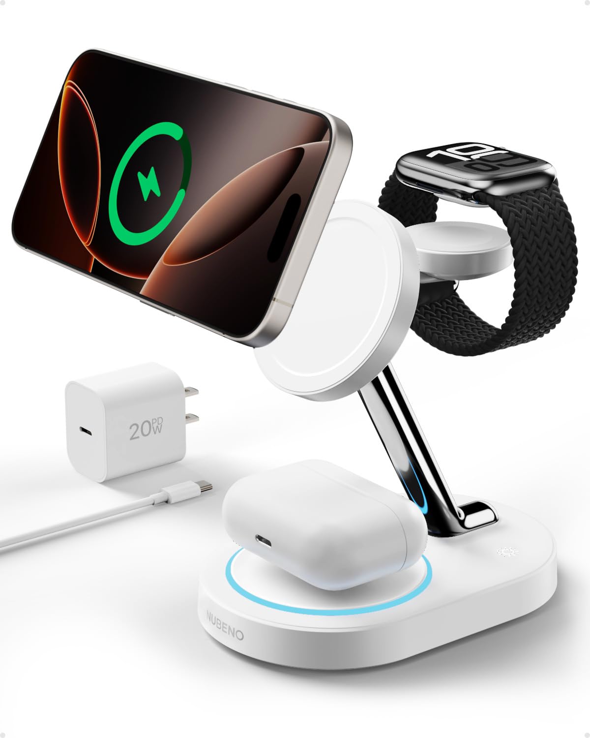 3-in-1 Magnetic Fast Wireless Charging Station for iPhone 16/16 Pro/16 Pro Max/15/14/13/12 Series with Magsafe - Compatible with Apple Watch & AirPods (White) | Perfect for Home, Office & Nightstand Charging