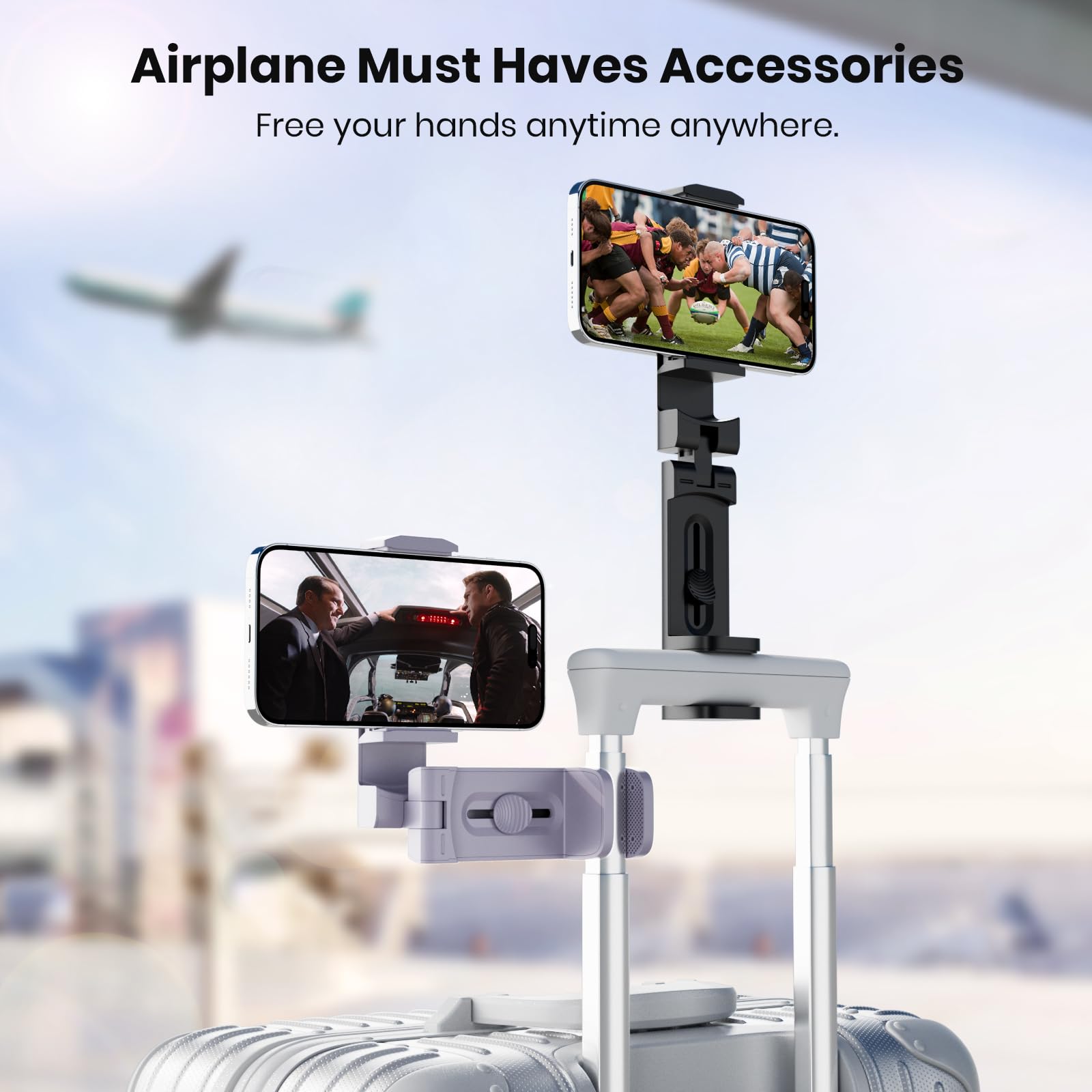(2 Pack) Klearlook 4-in-1 Adjustable Airplane Phone Holder with 360° Rotation - Foldable Travel Phone Stand for Hands-Free Viewing on Flights, Car Rides, Office & Home Use - Black Purple