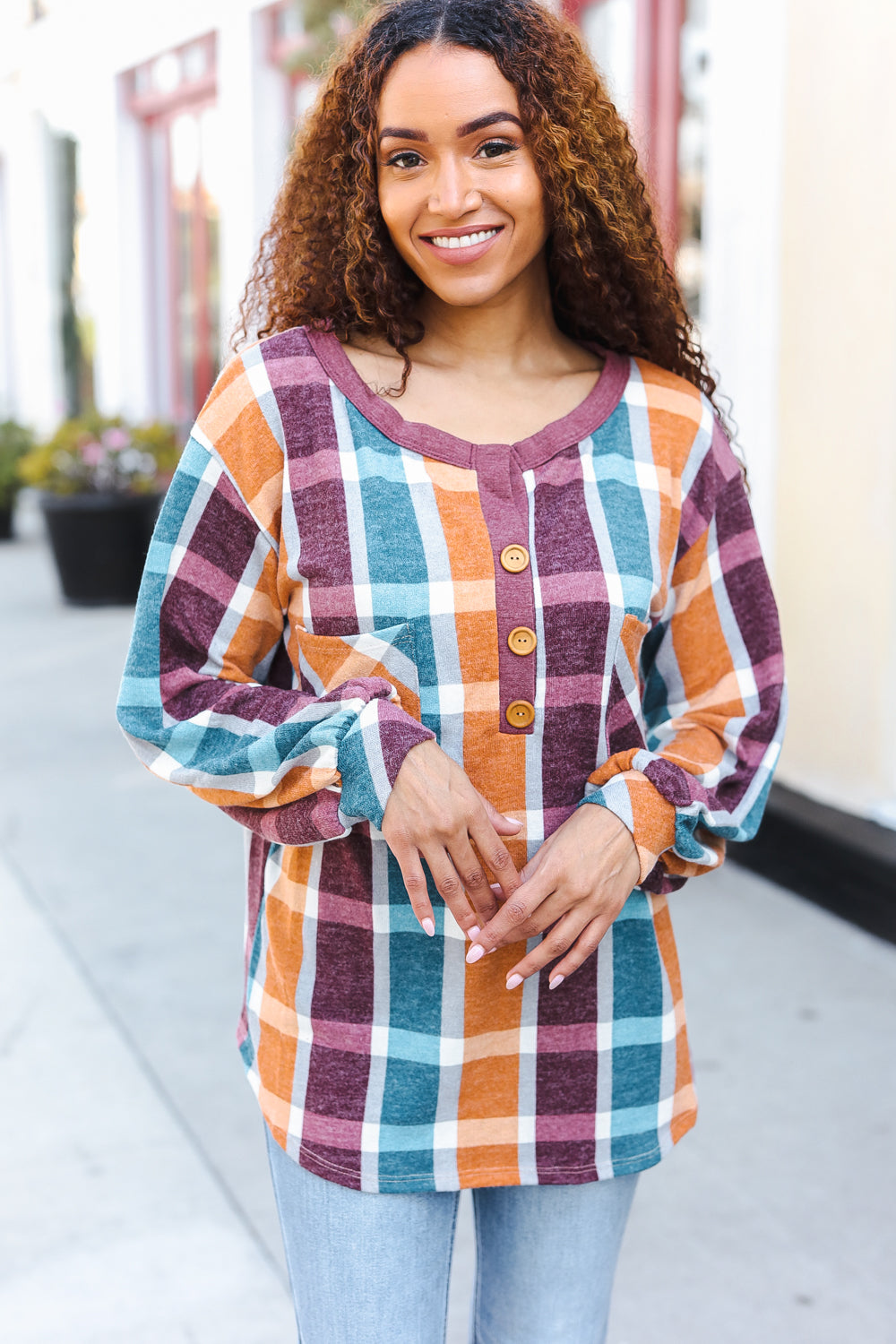 Stylish Plaid French Terry Henley Pocket Top for Women - Perfect for Casual Outings, Layering & Everyday Comfort
