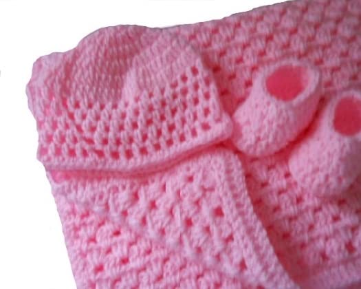 Handmade Crochet Pink Baby Blanket Set with Matching Hat & Booties - Soft Newborn Afghan Gift for Baby Girls - Perfect for Baby Showers, Christenings & Nursery Decor