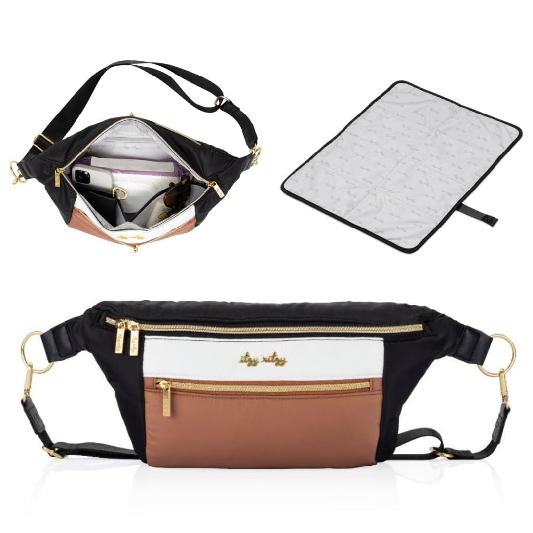 Itzy Ritzy Multi-Use Lightweight Fanny Pack & Crossbody Diaper Bag with 6 Pockets & Adjustable Strap - Wear as Belt Bag, Shoulder Bag or Crossbody Purse (Coffee & Cream) - Perfect for Moms, Travel, Hiking & Daily Errands