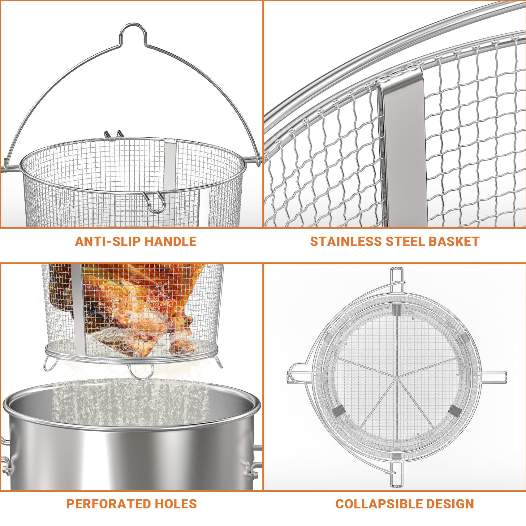 Onlyfire Detachable Foldable Turkey Fryer Basket - Compatible with Char-Broil Big Easy Oil-less Turkey Fryer Models 17102065 & 14101480 - Heavy Duty Deep Fryer Pot for Thanksgiving, Holiday Cooking and Outdoor BBQ Parties