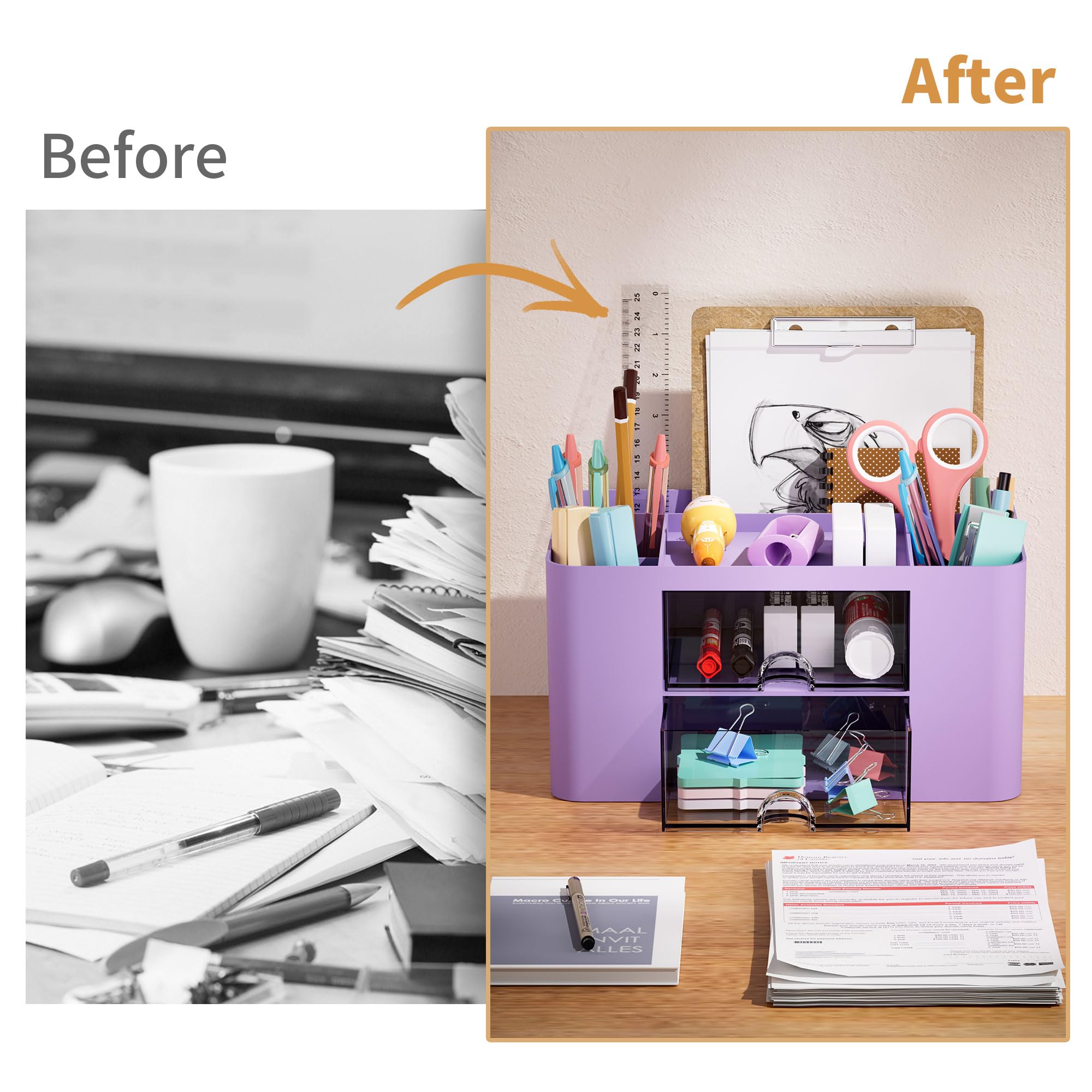 Marbrasse 2-Drawer Pen Organizer - Multi-Functional Desk Pencil Holder with 5 Compartments for Office & Art Supplies (Purple) | Perfect for Home Office, School & Craft Room Organization