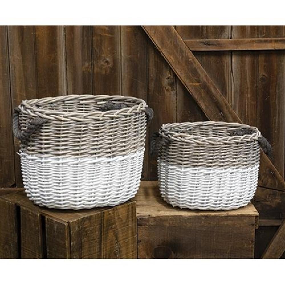 2-Pack White Dipped Grain Storage Baskets - Farmhouse Style Home Organization for Kitchen, Bathroom & Living Room Decor