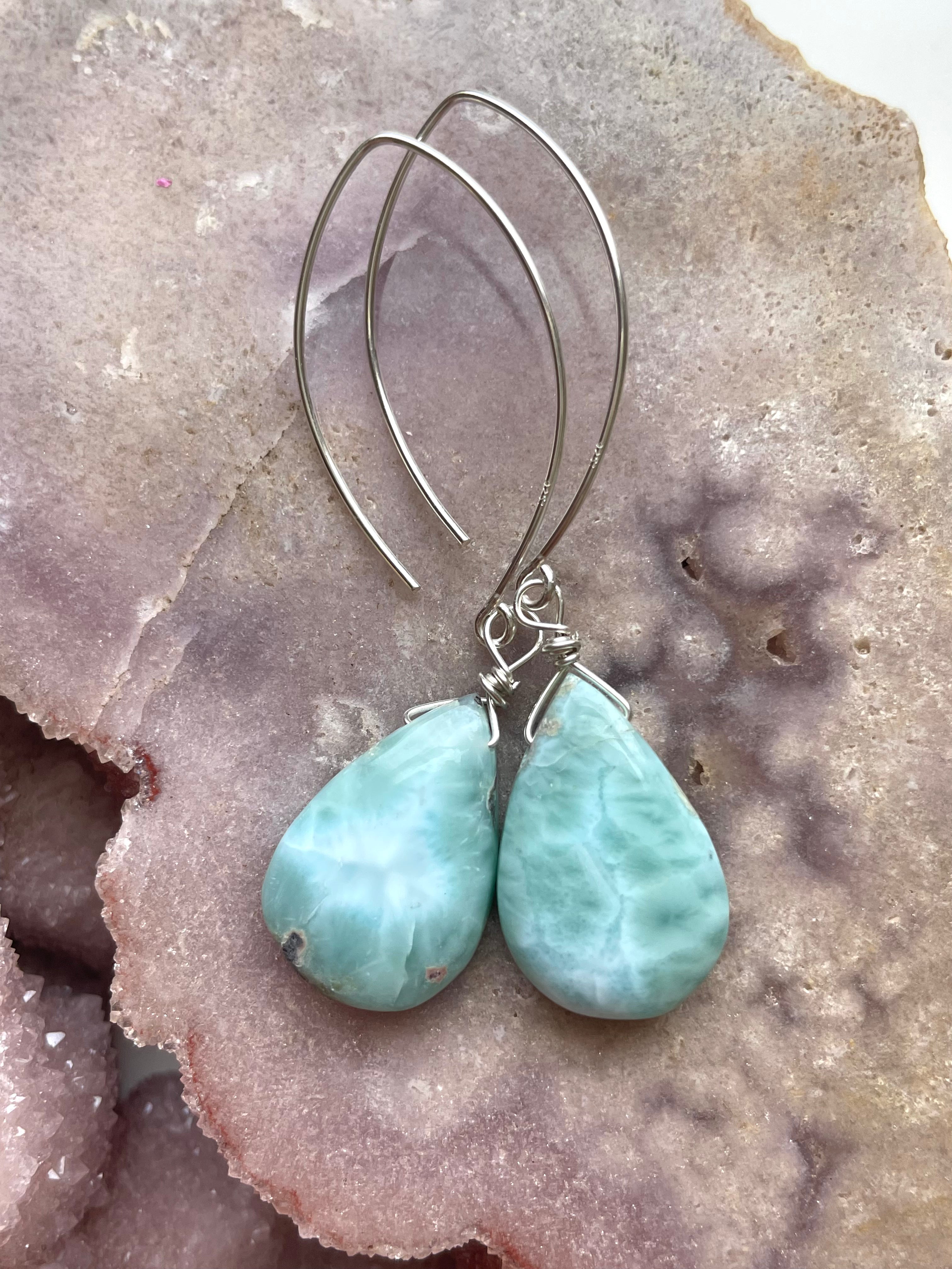 Long Larimar Earrings Dangle Sterling Silver – Handmade Gemstone Jewelry for Women, Boho Chic Accessories | Perfect for Weddings, Parties & Everyday Wear
