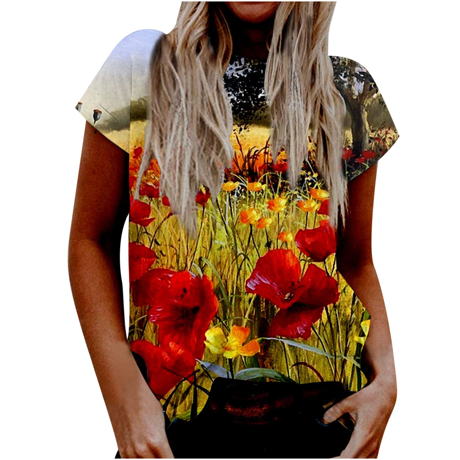 Women's Floral Print Short Sleeve T-Shirt - Cute Summer Blouse with Crew Neck, Loose Fit Casual Top for Going Out | Perfect for Beach Vacations, Date Nights & Weekend Outings