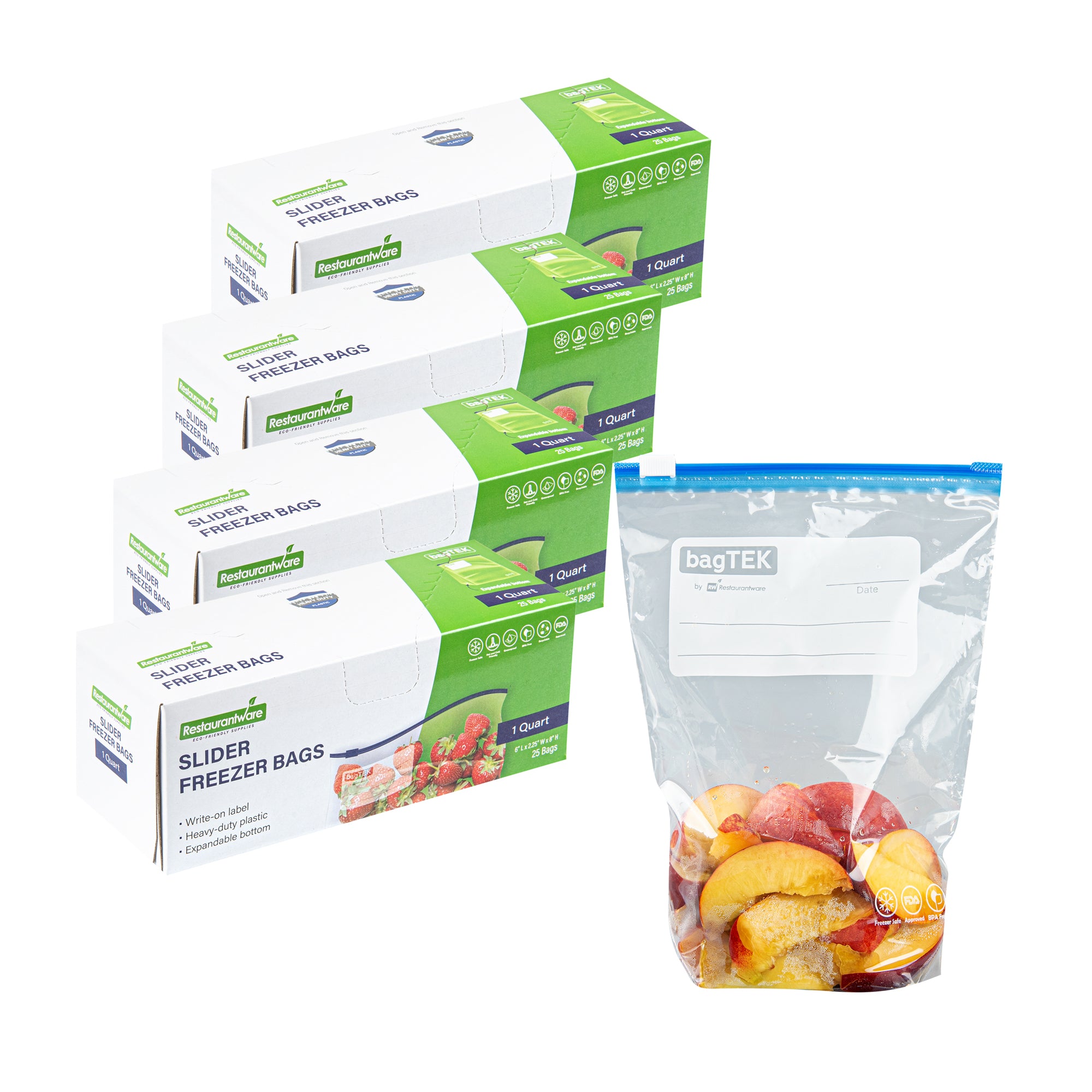 BPA-Free 1 Quart Clear Plastic Freezer Bags with Expandable Bottom & Write-On Label - 25 Count Box (6