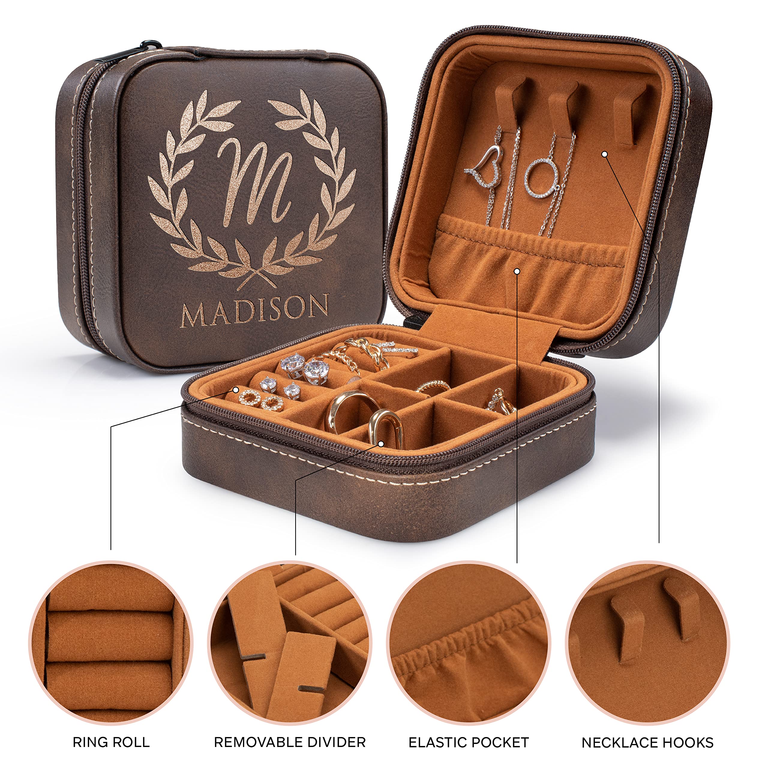 Personalized Jewelry Box Set of 6 - Custom Name & Initial Bridesmaid Proposal Gifts, 3 Elegant Designs, Portable Travel Jewelry Organizer - Perfect for Bachelorette Party Favors, Rustic Wedding Accessories & Special Occasion Gifts