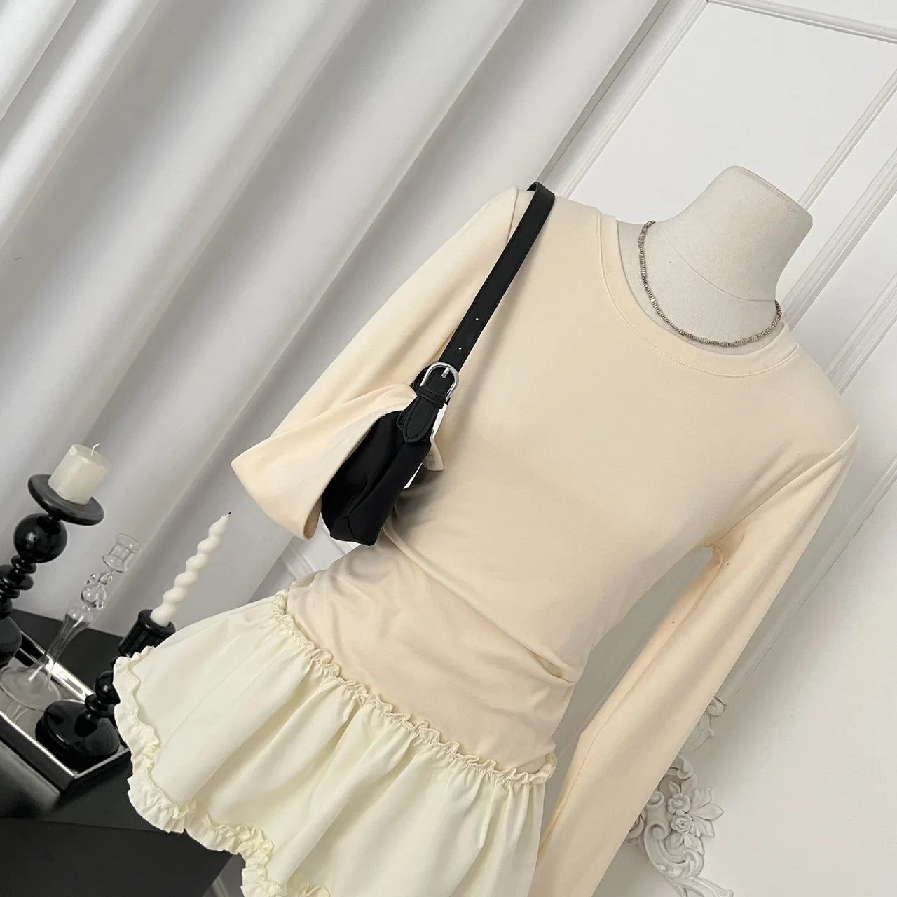 2024 Autumn Winter Women's Fashion Black & Beige Round Neck Long Sleeve Pleated Mini Dress with Ruffles - Elegant Sexy Short Dress for Party, Dating & Office Wear