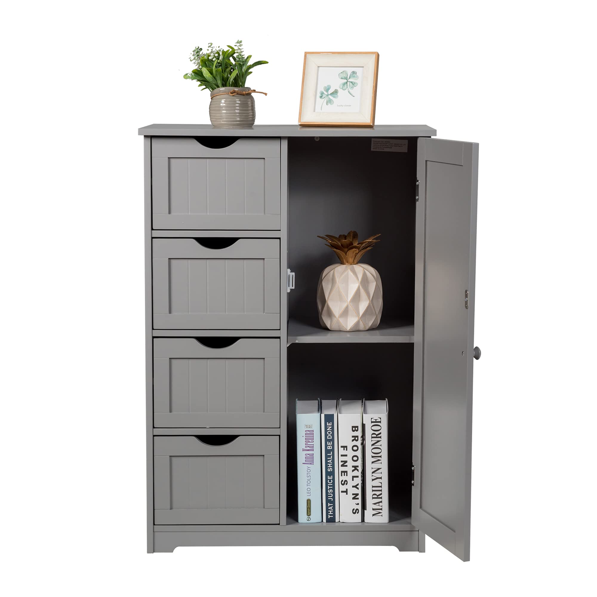 GLACER 4-Drawer Bathroom Storage Cabinet with Door - Wooden Floor Organizer for Bathroom, Living Room, Kitchen - 22 x 12 x 32 Inches, Grey | Space-Saving Solution for Towels, Toiletries & Home Essentials