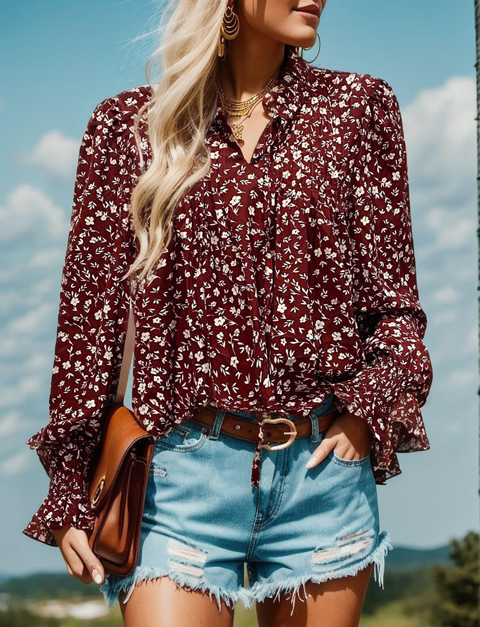 HOTOUCH Women's Long Sleeve Boho Floral Blouse - V Neck Pleated Peasant Top with Drawstring for Casual Wear | Perfect for Spring Outfits, Date Nights & Boho Fashion