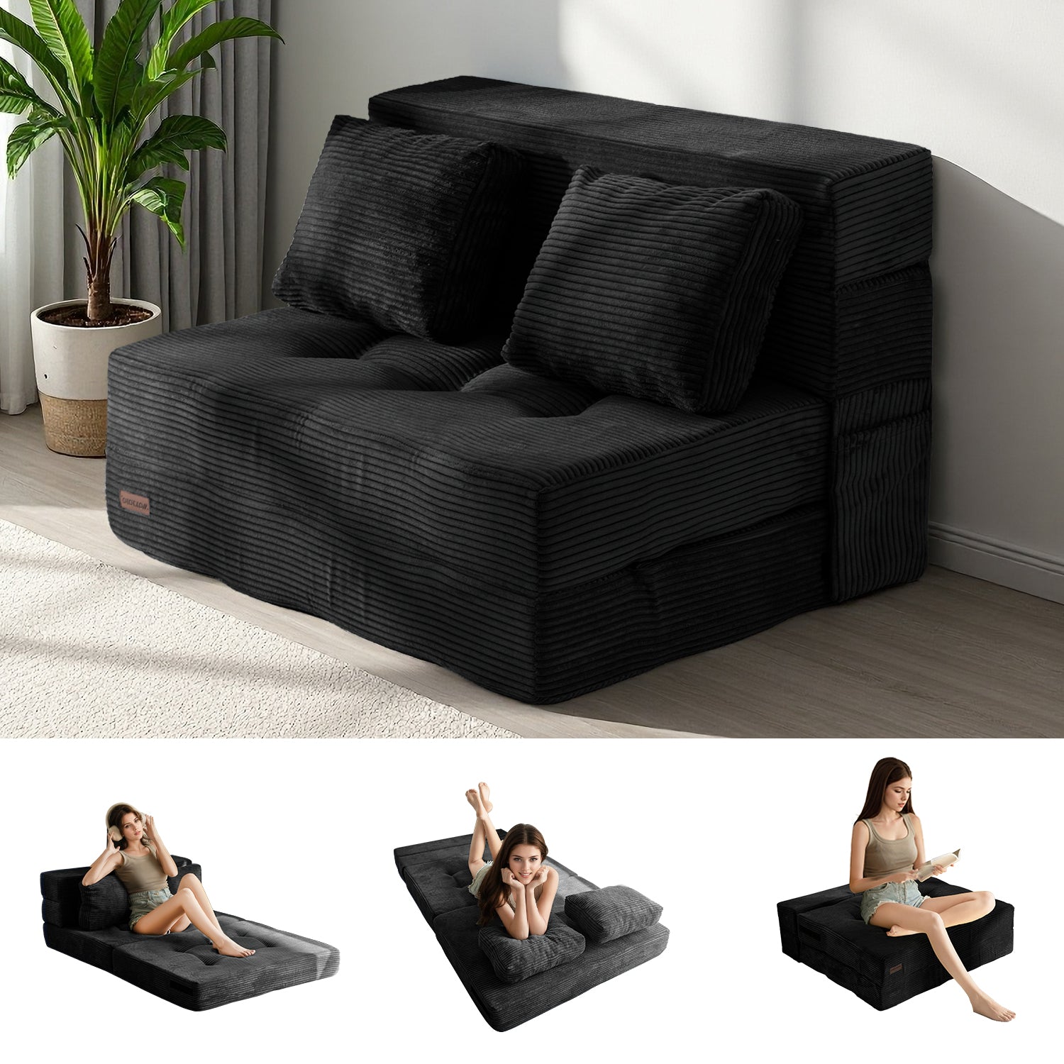 MAXYOYO 4-in-1 Convertible Sofa Bed Chair - Tufted Folding Floor Couch with Pillow, Black | Multi-Functional Furniture for Small Spaces, Guest Room, Dorm & Living Room | Perfect for Lounging, Sleeping & Extra Seating