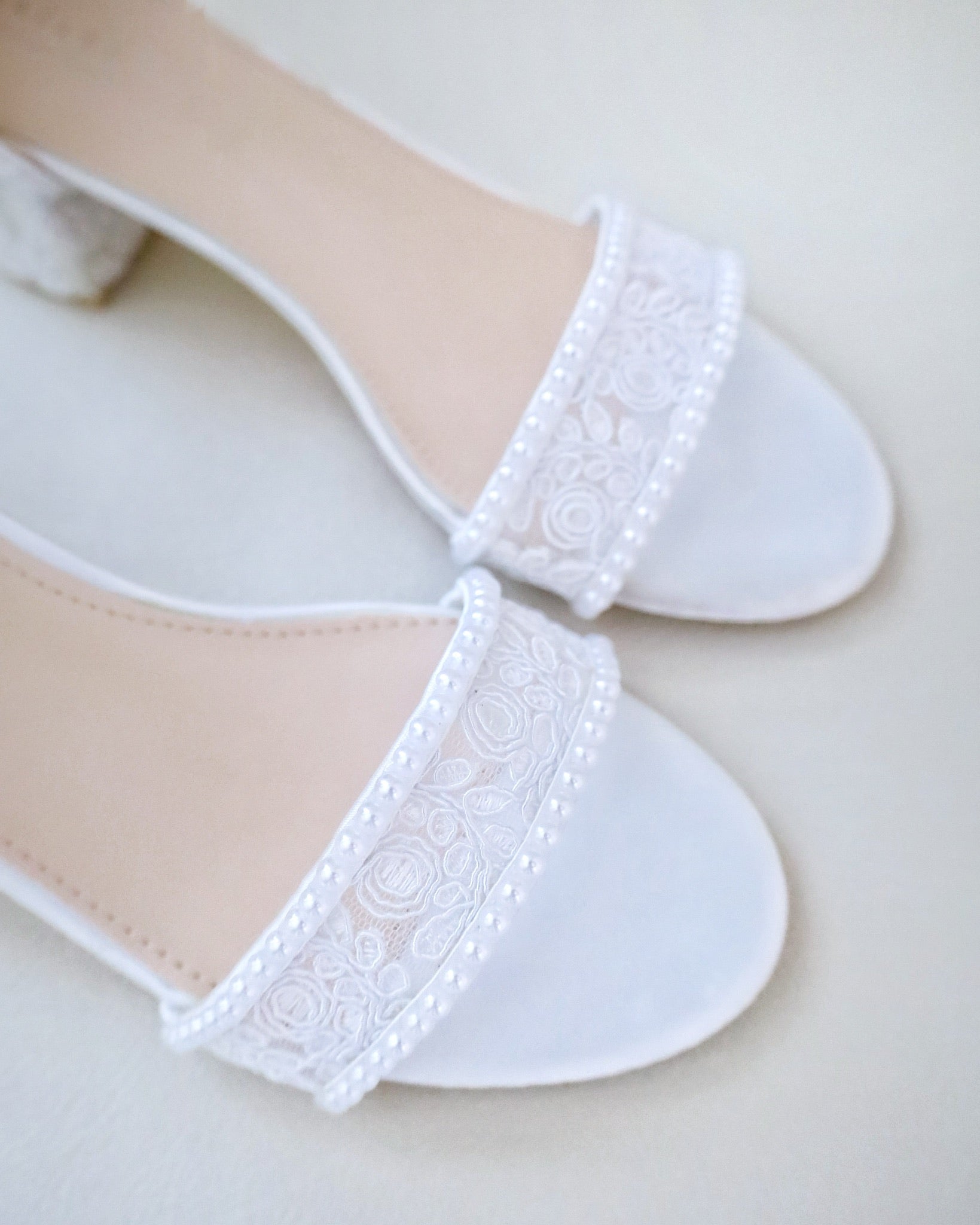 Elegant Crochet Lace Block Heel Wedding Sandals with Mini Pearls - Perfect for Bridal, Beach Weddings & Special Occasions