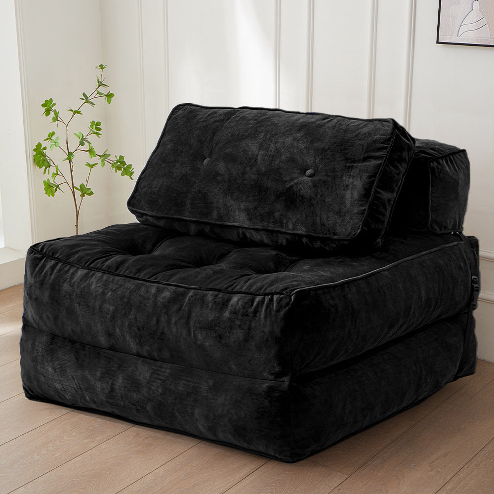 MAXYOYO Velvet Convertible Sleeper Sofa Bed - Foldable Futon Chair with Pillow for Small Spaces, Guest Room & Apartment - Portable Fold Out Bed in Black - Perfect for Living Room, Studio & Dorm
