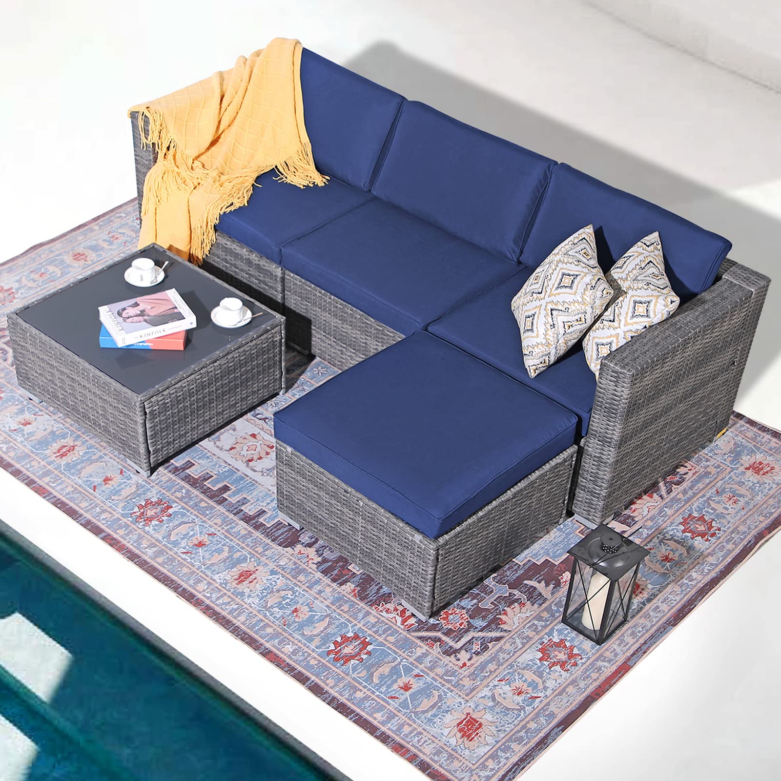 **Patiorama 5-Piece Outdoor Patio Furniture Set - All-Weather Grey PE Wicker with Navy Blue Cushions - Sectional Conversation Set for Backyard, Porch, Garden, Poolside & Balcony**