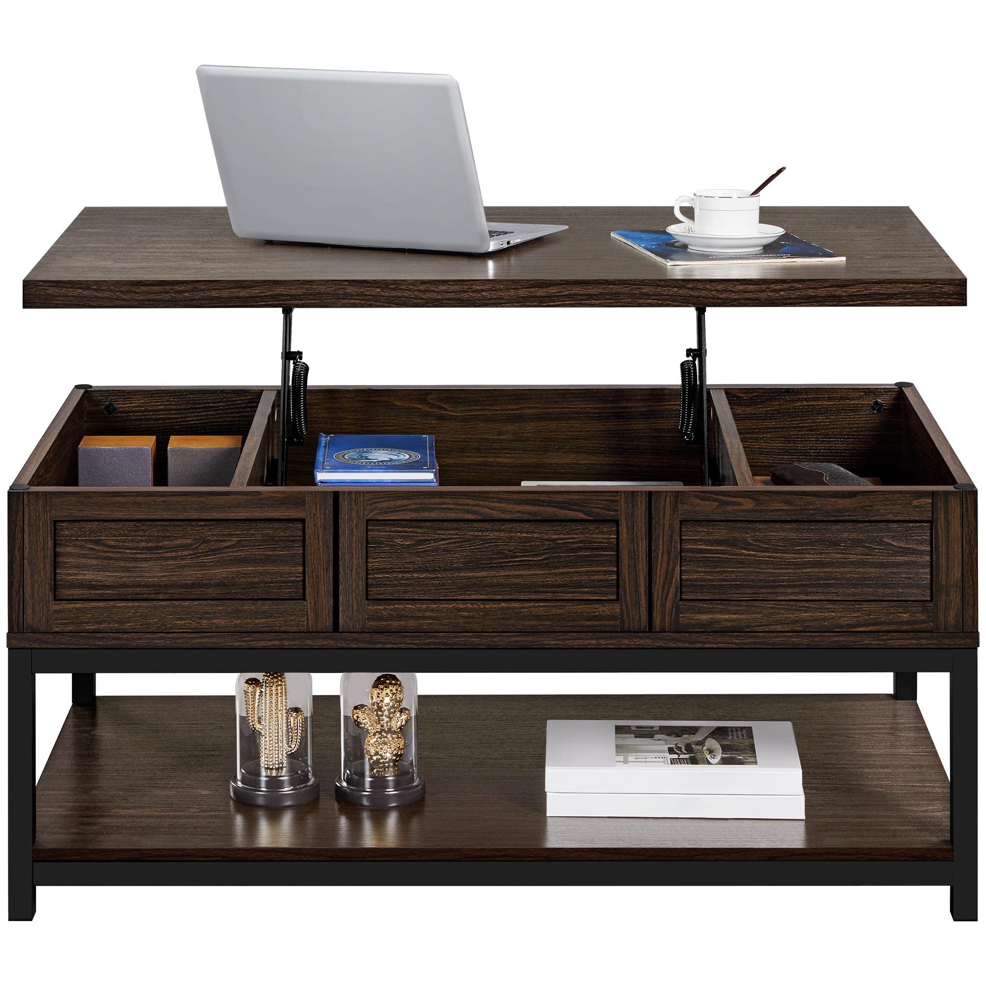 Topeakmart 41-inch Lift Top Coffee Table with Storage Compartments & Open Shelf - Espresso Finish Convertible Pop-Up Dining Table for Living Room, Small Space & Home Office Use