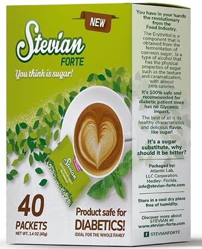 Stevian Forte - 40 Powdered Packets | Diabetic-Safe Zero Calorie Sugar Substitute | Glycemic Impact Free, Gluten Free, Keto & Paleo Friendly | No Bitter Aftertaste | Perfect for Coffee, Baking & Healthy Lifestyle