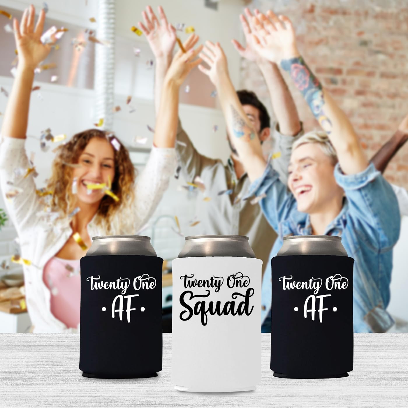 21st Birthday Party Supplies - Twenty One AF Can Cooler Holder, Black Koozies for Beer & Iced Coffee, 21st Birthday Decorations & Wedding Favors - Perfect for Birthday Squad Celebrations, Bachelorette Parties & Outdoor Events