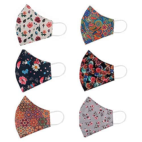Black Bird - 6 Pack Stylish Floral Printed Cotton Face Masks for Adults - Adjustable, Washable & Reusable - Perfect for Daily Wear, Travel, and Outdoor Activities