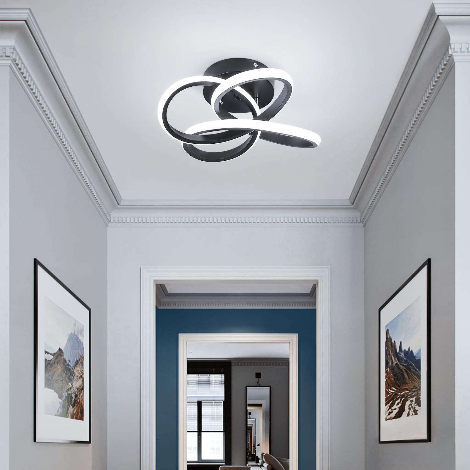 Modern LED Ceiling Light Fixture - Black Flush Mount Hallway Light with Curved Design | Cool White Lighting for Bedroom, Bathroom, Entryway, Balcony & Stairs | Energy-Efficient Indoor Lighting Solution