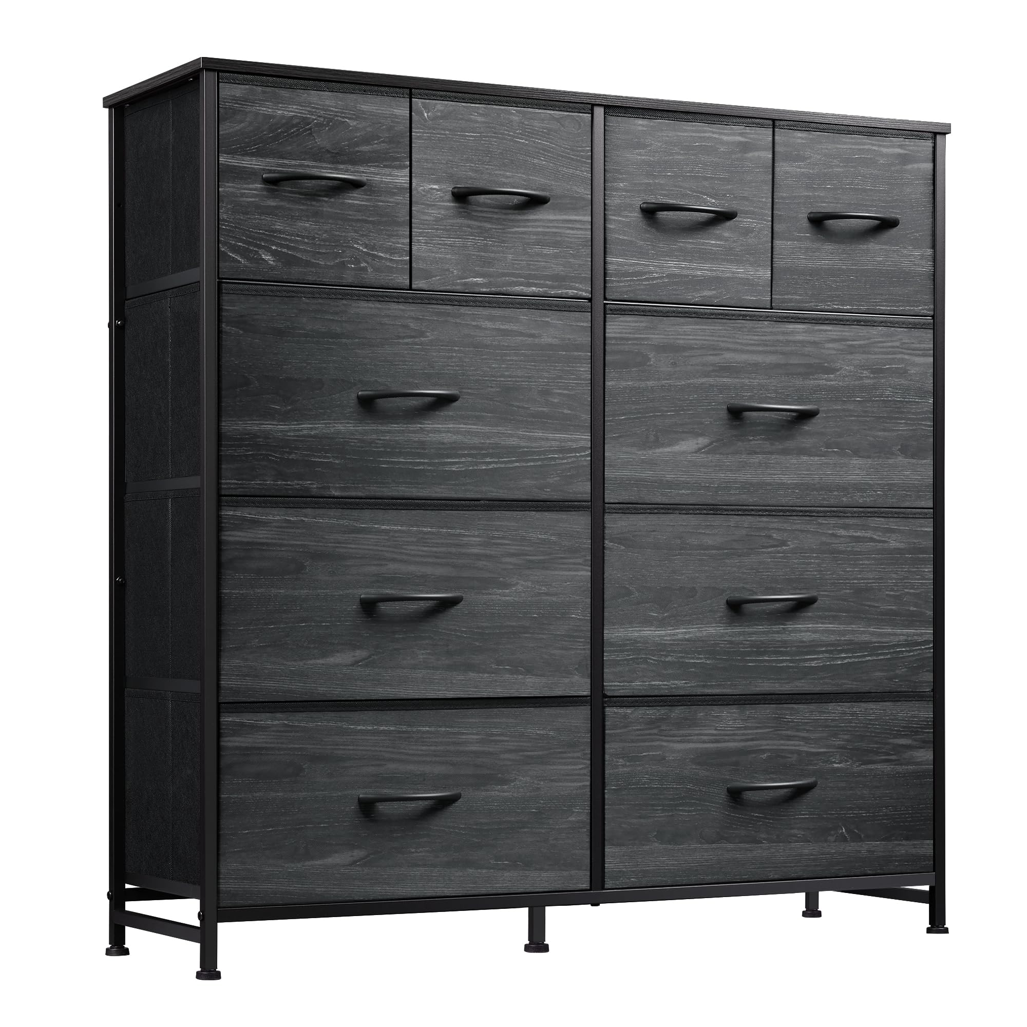 WLIVE 10-Drawer Fabric Dresser for Bedroom - Tall Clothing Storage Organizer with Cabinet, Metal Frame & Wooden Top - Charcoal Black Wood Grain Print - Perfect for Closet, Nursery, Dorm Room Organization