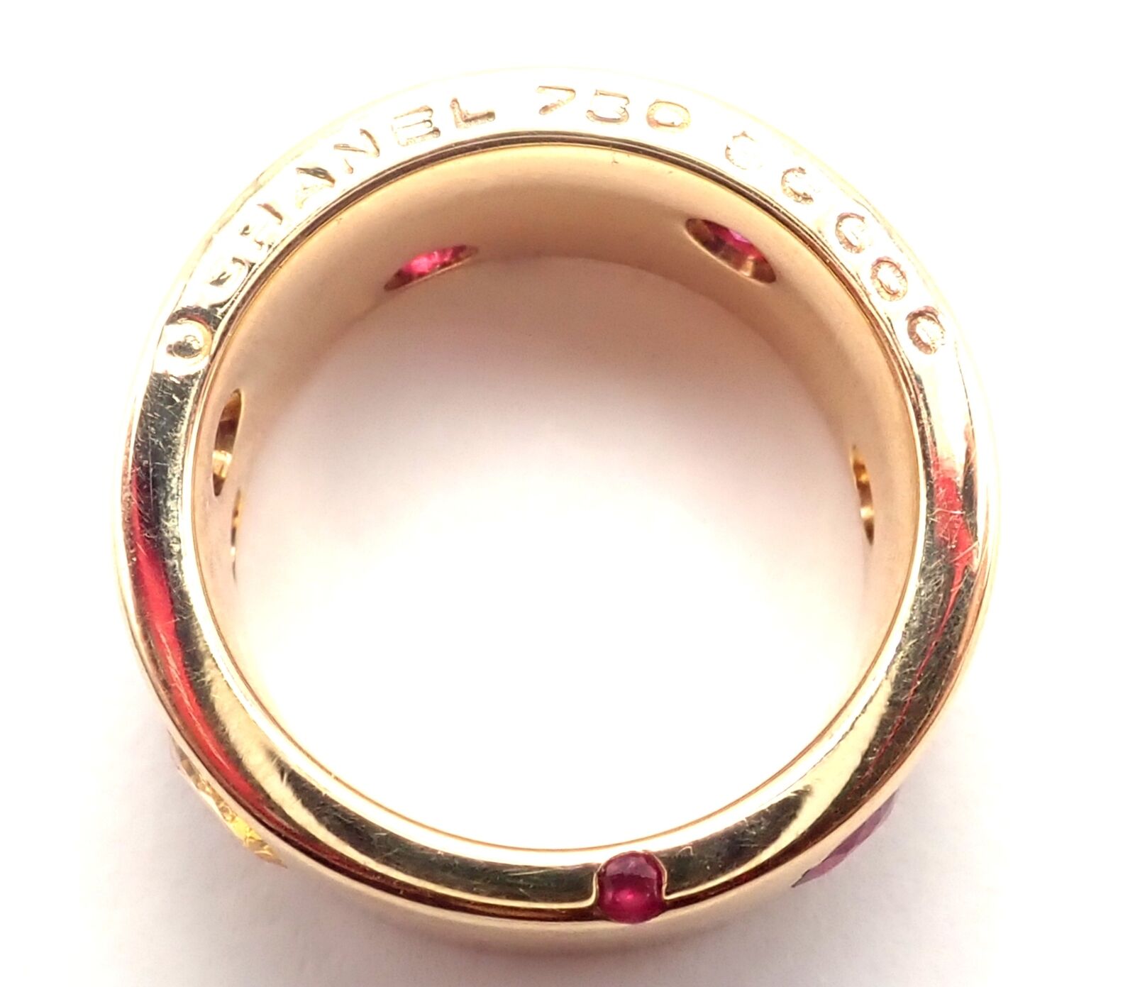 Authentic Chanel 18k Yellow Gold Ruby & Yellow Sapphire Wide Band Ring - Size 5 | Luxury Fashion Jewelry for Women, Perfect for Weddings, Parties & Special Occasions