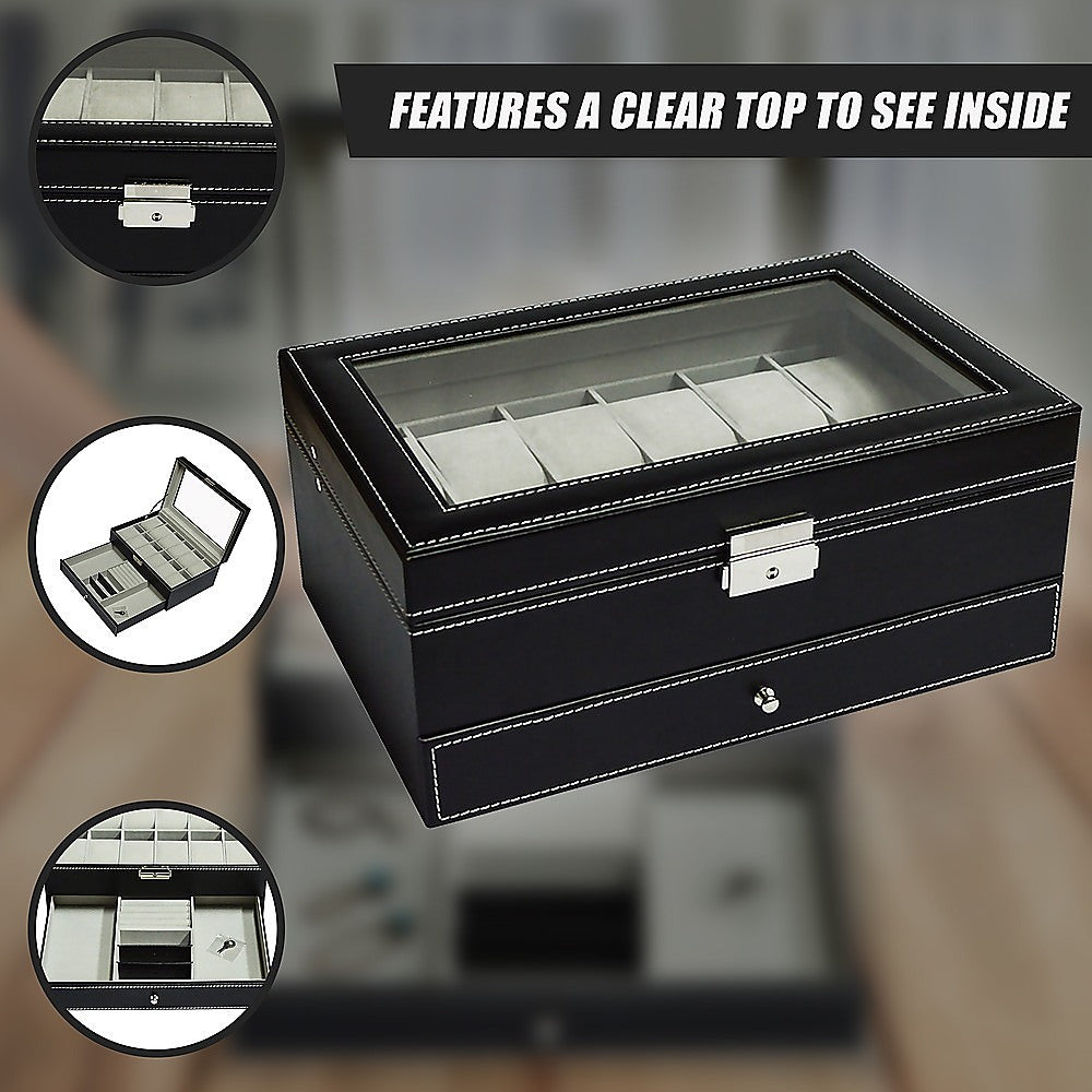 12-Slot Leather Watch Display Case with Lock & Key - Jewelry Storage Box Organizer for Men's Watches & Accessories - Perfect for Retail Stores, Watch Collections & Gift Presentation