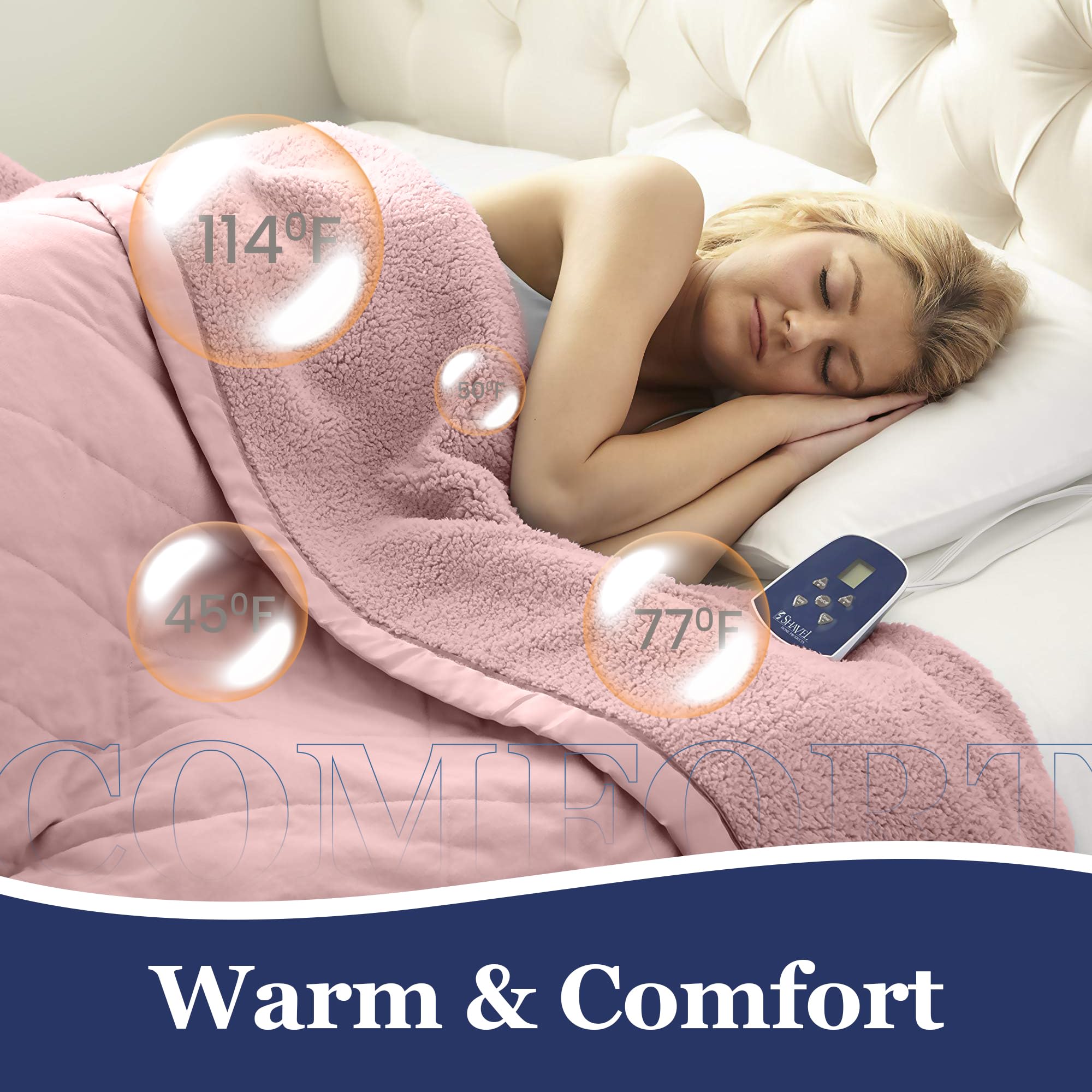 Thermee Micro Flannel Heated Blanket with Sherpa Back - 10 Heat Settings, Programmable Electric Blanket, Ultra-Soft Fast Heating Throw for Adults - Perfect for Cold Nights, Bedroom, Living Room & Office Use - Blush