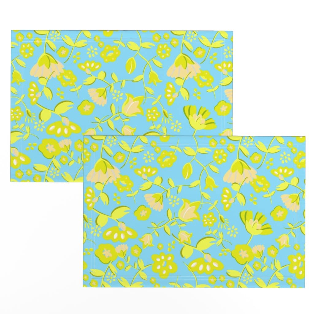 Premium Linen Cotton Canvas Placemats Set of 2 - Floral Nature Print in Green, Blue & Yellow - Eco-Friendly Table Decor for Dining, Kitchen, or Outdoor Picnics