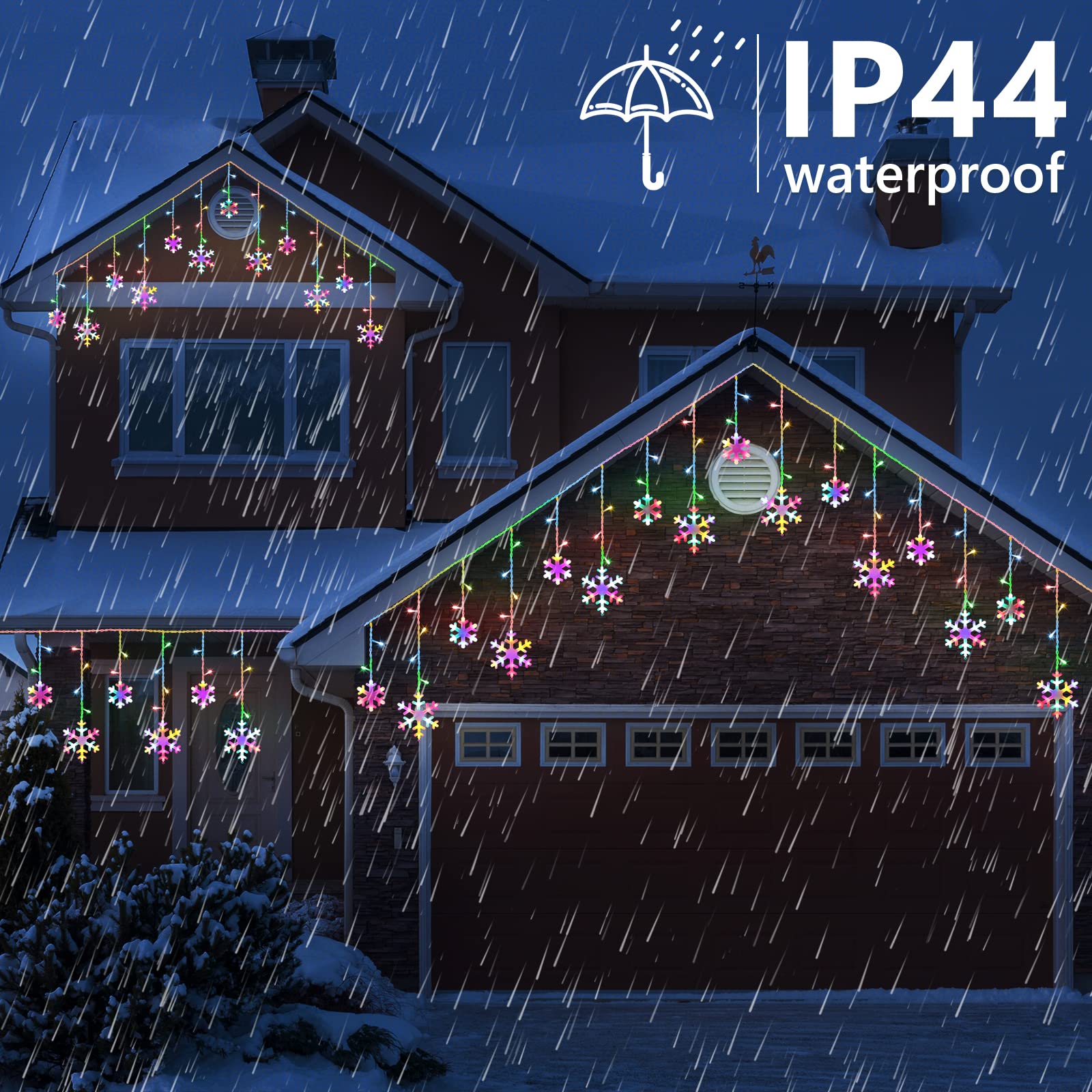 Toodour 17.22ft 264 LED Connectable Snowflake Icicle Christmas Lights - Waterproof Outdoor String Lights with 22 Drops & 8 Lighting Modes for Windows, Eaves, Curtains - Perfect for Holiday Decorations, Xmas Tree, Party, Garden, and Indoor/Outdoor Festive Lighting