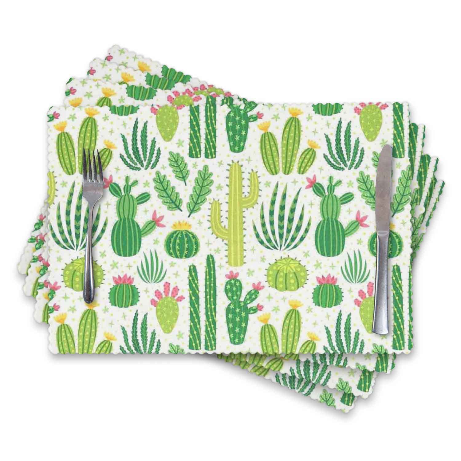 Heat-Resistant & Stain-Resistant Washable Cloth Placemats - Set of 4 Cactus Green Cacti Design - Perfect for Dining Tables, Kitchen Countertops & Outdoor Picnics