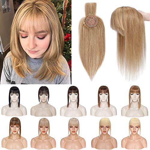 S-noilite 150% Density Human Hair Toppers with Bangs - Mono Base Clip-in Hairpiece for Women with Thinning Hair, Gray Hair & Hair Loss (10 Inch, 32g, Dark Blonde) - Perfect for Daily Wear, Parties & Special Occasions
