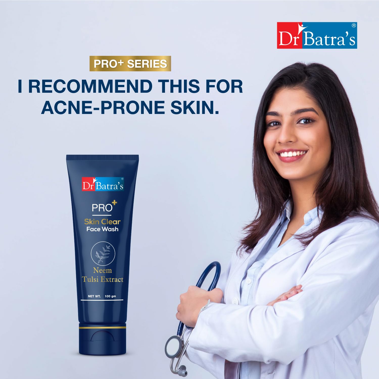 Dr Batra's PRO+ Skin Clear Face Wash 100g - Natural Tulsi, Neem & Aloe Vera Extract | Antibacterial, Sulfate & Silicone Free | Gentle Cleanser for Acne-Prone & Sensitive Skin | Daily Skincare Routine for Clear, Healthy Complexion