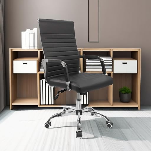 Furmax Mid-Back PU Leather Office Chair - Adjustable Swivel Executive Desk Chair with Arms, Ergonomic Ribbed Design for Home Office, Conference Room & Workstation (Black) - Perfect for Long Work Hours & Professional Meetings
