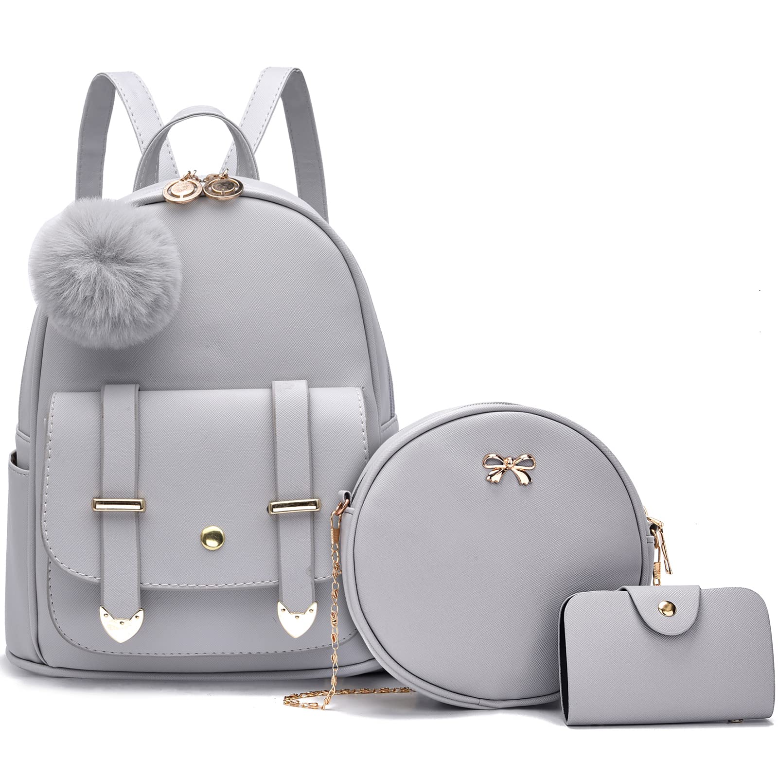 **Stylish Mini Backpack for Girls & Women - 3-Piece PU Leather Backpack Set with Pompom, Shoulder Bag & Purse - Perfect for School, Travel & Everyday Use**