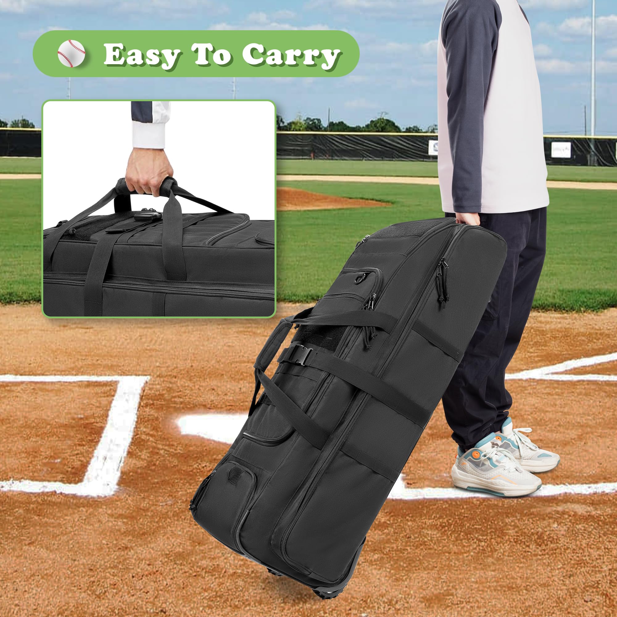 DSLEAF Rolling Baseball Bag with Wheels - Large Wheeled Softball Catchers Equipment Bag Holds 4 Bats, Separate Shoe Compartment & Multiple Pockets - Perfect for Baseball/Softball Practice, Games & Travel