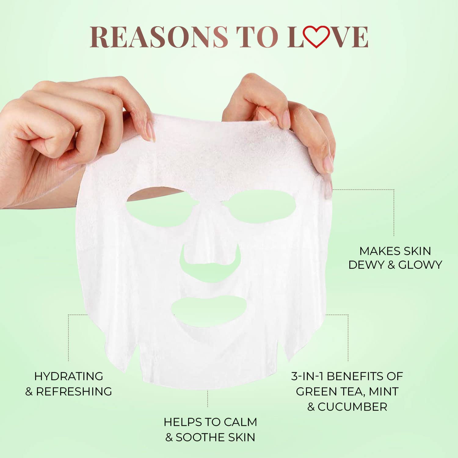 Just Herbs Sheet Mask for Glowing Skin - Green Tea, Mint & Cucumber Facial Serum Masks (20g) | Hydrating & Brightening Face Mask for Spa Day & Self-Care Routine