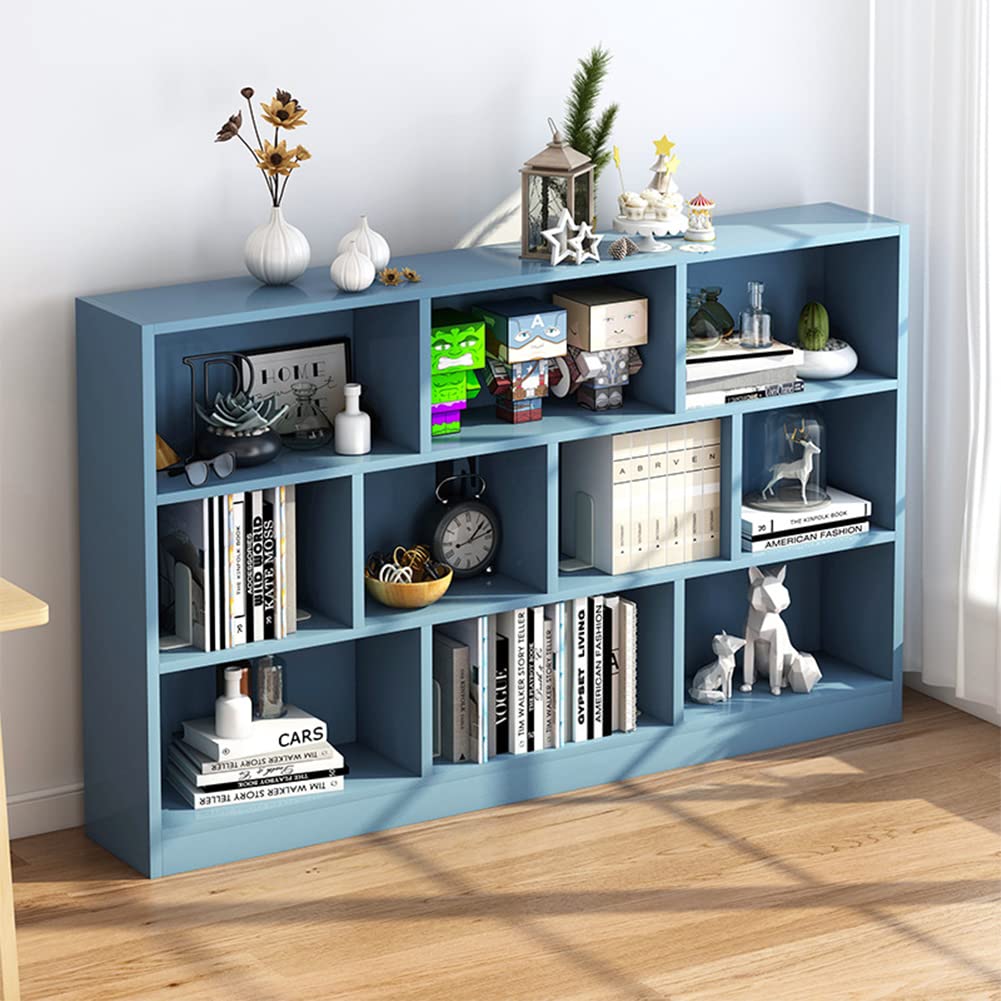 IOTXY 3-Tier Open Shelf Bookcase - Wooden Floor Standing Display Cabinet with Base, 10-Cube Short Horizontal Bookshelf in Bright Blue - Perfect for Living Room, Bedroom & Office Storage Organization