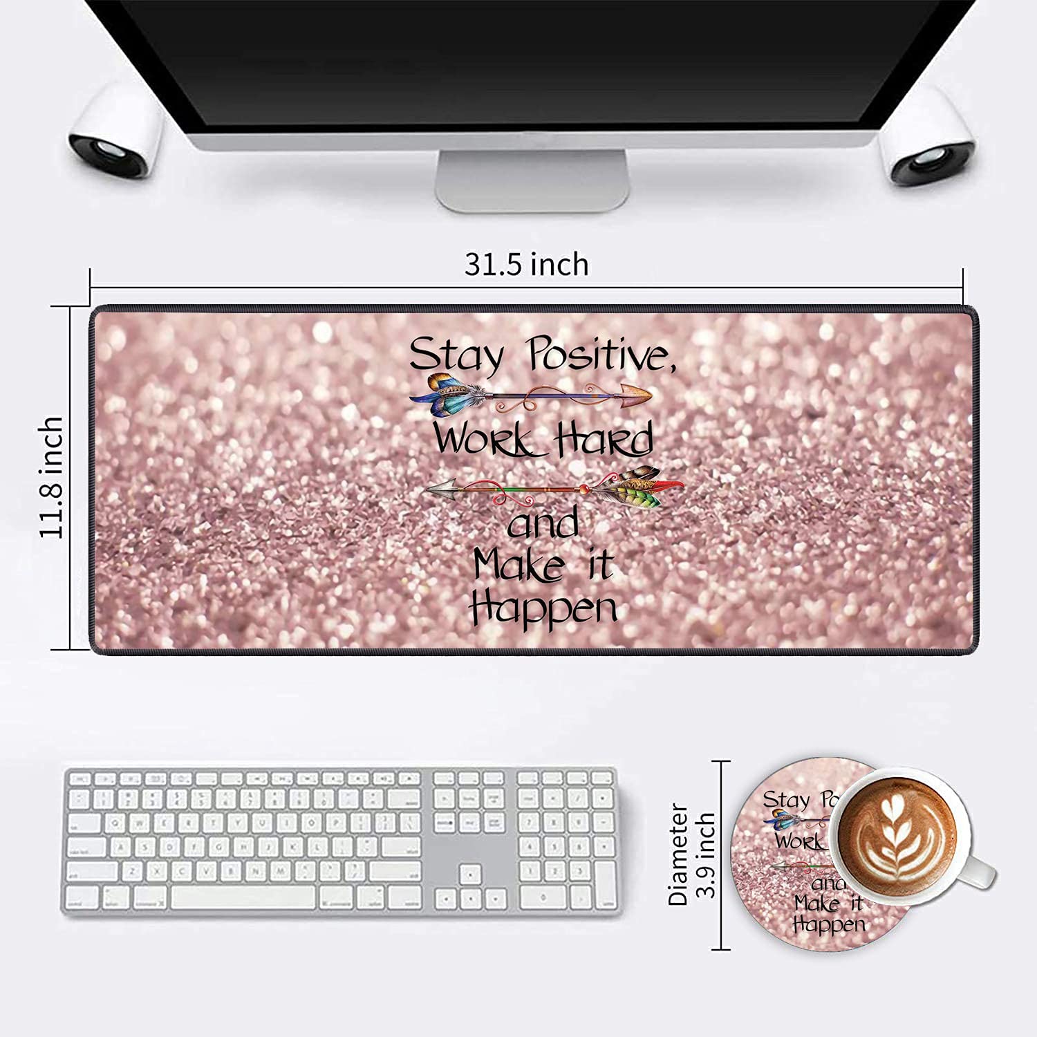 Large Extended Gaming Mouse Pad with Non-Slip Rubber Base - XXL Keyboard & Mouse Mat for PC, Laptop, Office & Study | Includes Bonus Cup Coaster | Rose Gold Design | Perfect for Gamers, Work & Home Office Setup