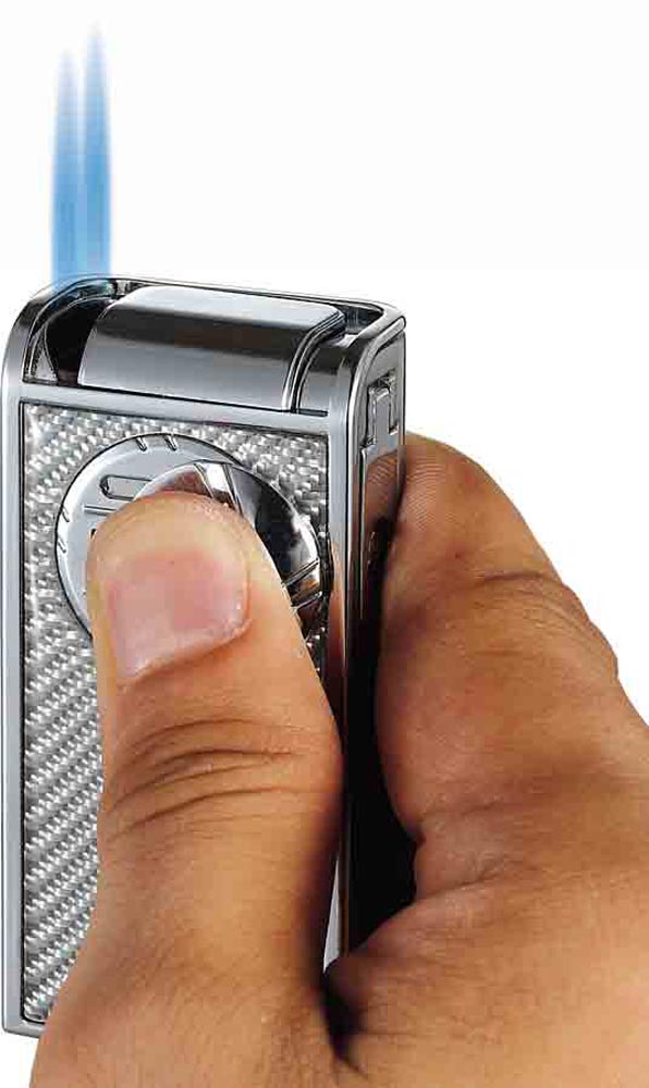 Premium Infinity White Carbon Fiber Chrome Double Torch Lighter - Windproof Refillable Butane Lighter for Cigars, Candles, Camping & Outdoor Adventures