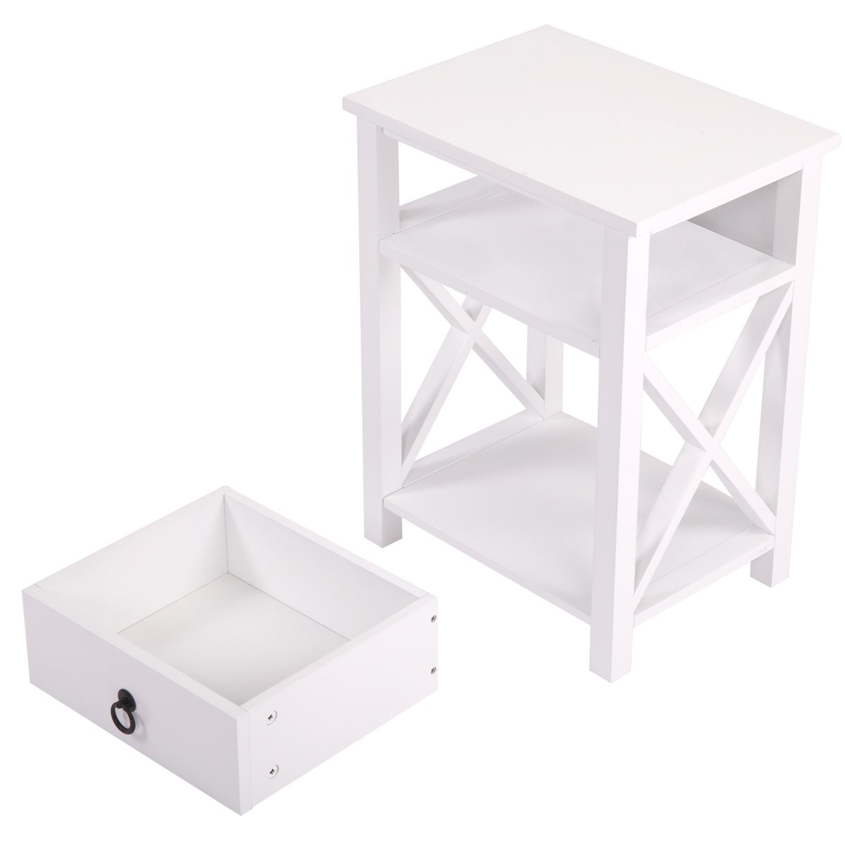 Modern White X-Design End Table Set of 2 - Wooden Nightstands with Storage Shelf & Drawer for Living Room, Bedroom, Office - Perfect for Small Spaces, Apartment Decor & Guest Room Furniture