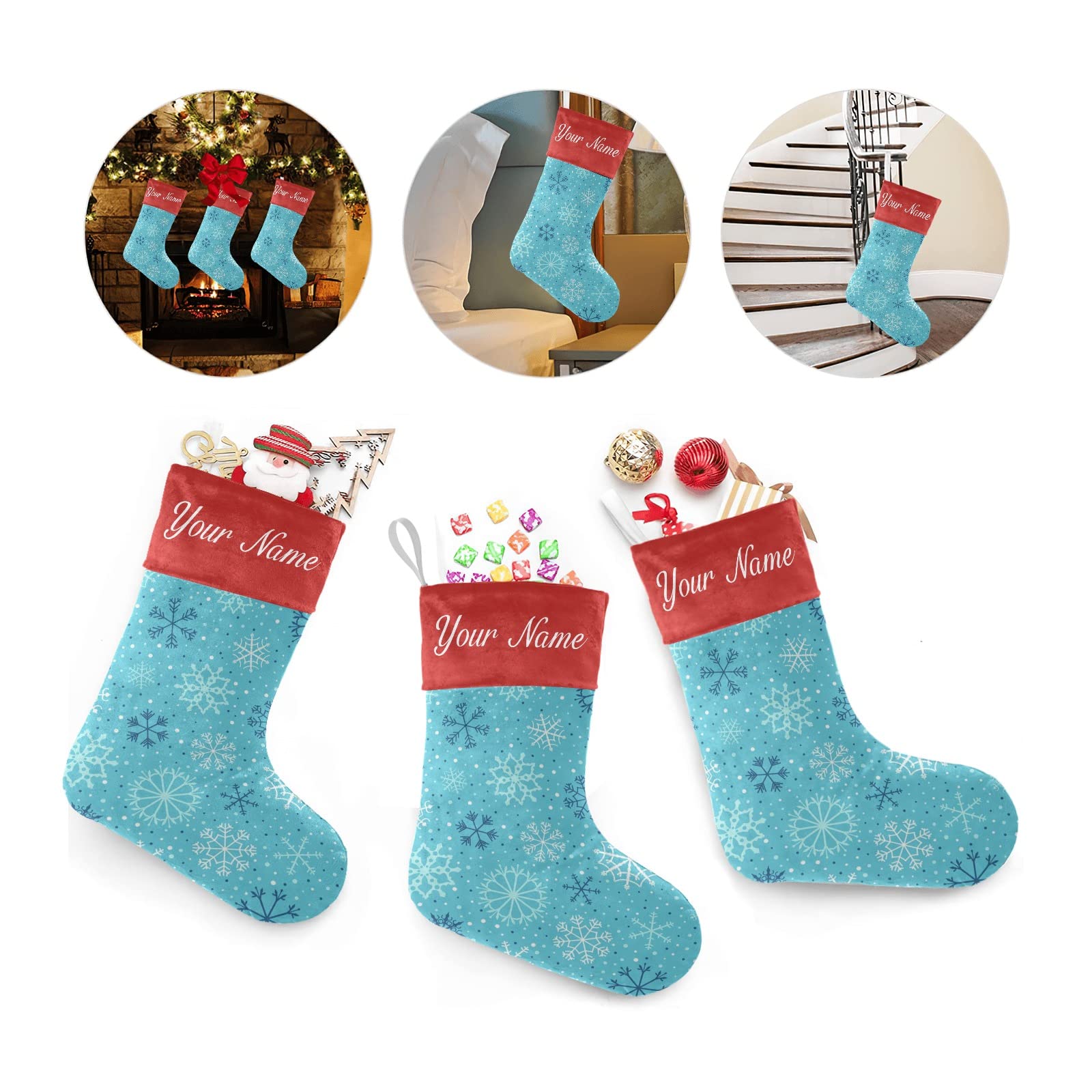 Personalized Snowflake Blue Christmas Stockings with Custom Names - 17.52 x 7.87 Inch Holiday Decor for Family, Party & Gift Exchange - Perfect for Fireplace Mantel, Tree Decorations and Festive Home Decor
