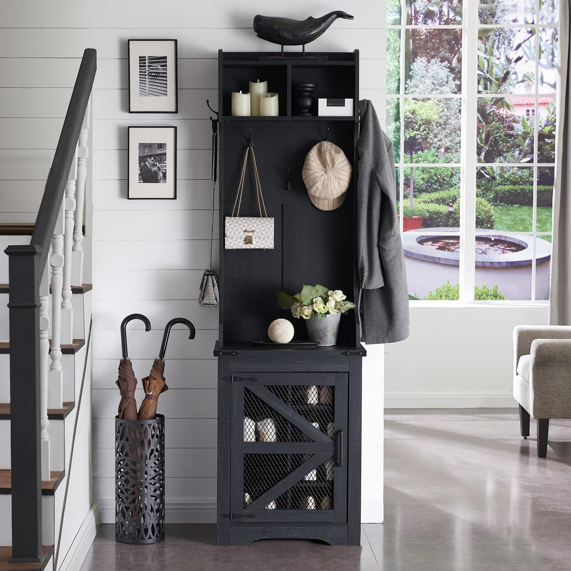 Farmhouse Entryway Hutch with Coat Rack - 6 Shoe Cubbies & 5 Coat Hooks - Narrow Hall Tree with Shoe Storage Bench - Mudroom Storage Cabinet (Black) - Perfect for Small Spaces, Entryway Organization & Home Decor
